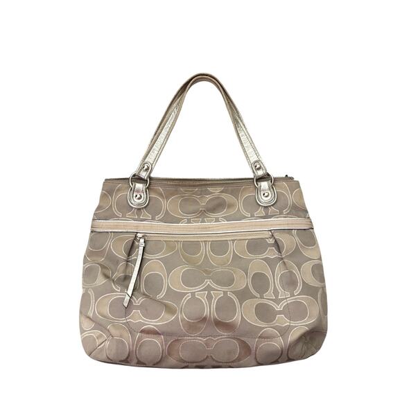 Coach Handbags - Coach Metallic Signature Jacquard Satchel Champagne Silver Tote Bag Purse